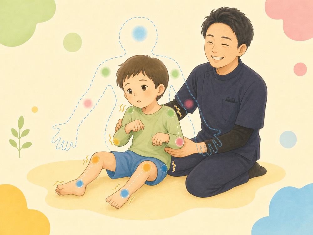 脳性麻痺のお子さまが自分の体の位置や動きを感じにくい状態を表したイラスト
